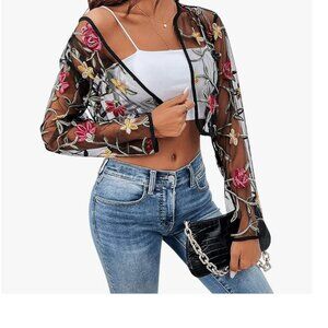 Floral Long Sleeve Open Front Lace Cropped Jacket